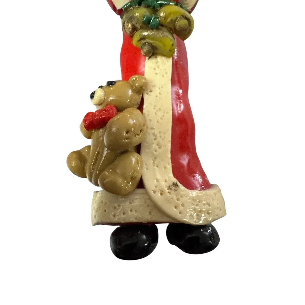 Vintage Style Santa Claus Christmas Ornament with Teddy Bear and Bells Red 4.5in